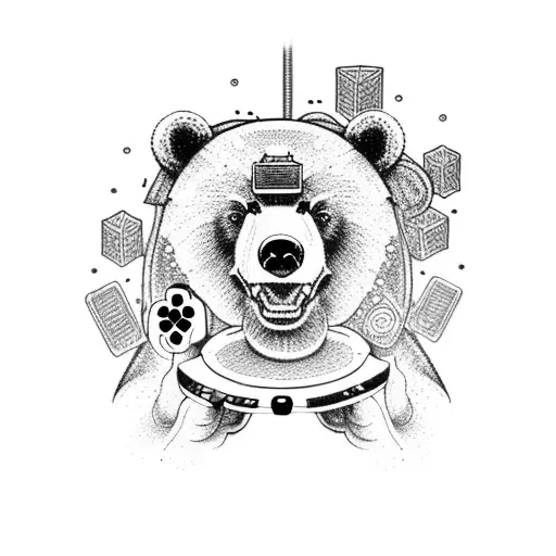 A Dotwork Tattoo Of A Bear Playing A Video Game With A Controller In Its Paws