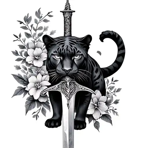 Full Body Panther With Sword And Flowers