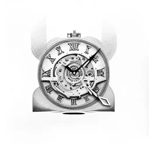 A Dotwork Tattoo Of A Mechanical Clock With Greek God Hephaestus Forging A Car Engine Inside