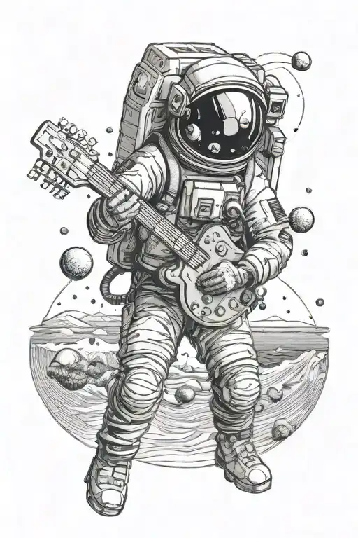 Astronaut Playing A Musical Instrument On A Tropical Beach And Holding Saturn