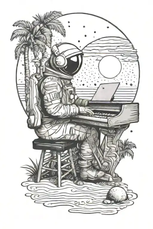 Astronaut Playing Piano On A Tropical Beach And Holding Saturn
