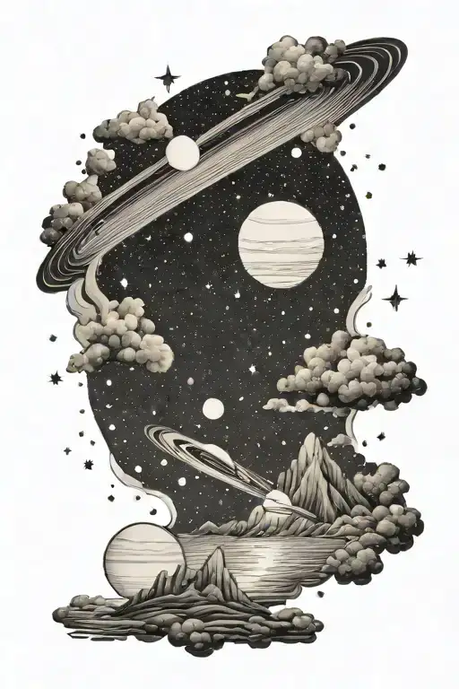 A Celestial Beach Scene With Stars And Saturn In The Background