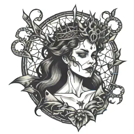 A Vampire Queen With A Crown Of Thorns In Dotwork Style