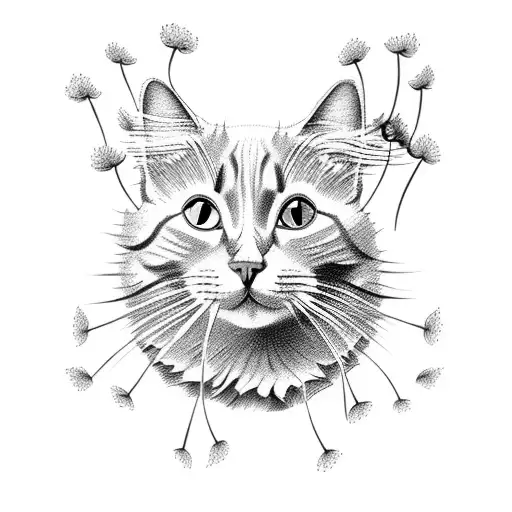 Cat With Dandelion On Field