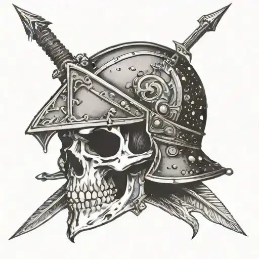 Skull Of A Knight In A Helmet Pierced By An Arrow