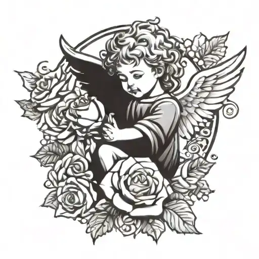 Cartoon Angel Protecting Roses