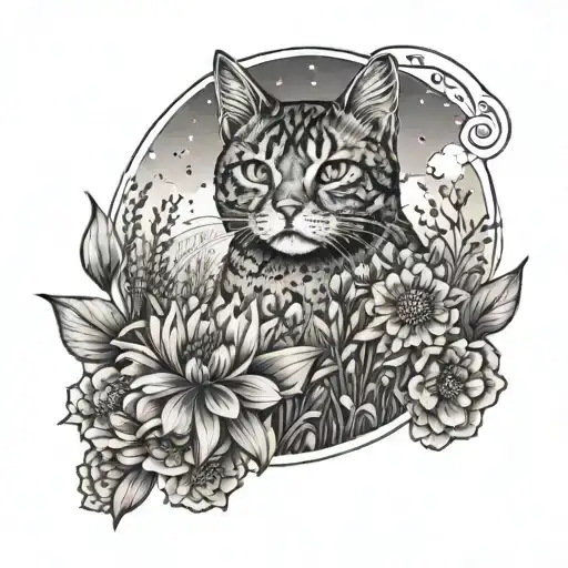 Cat In A Flower Field Surrounded