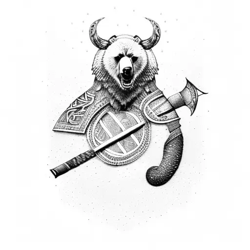 A Viking Warrior Riding A Bear With Intricate Dotwork Details