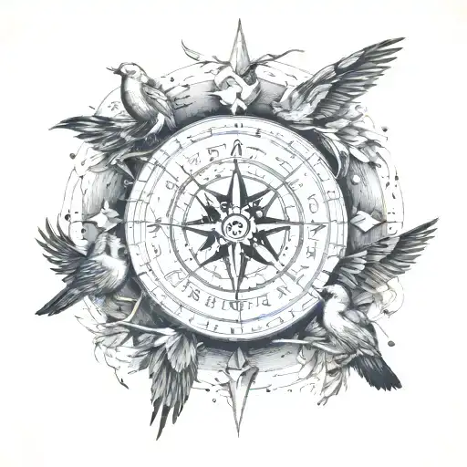 A Compass Surrounded By Various Birds In A Dotwork Style