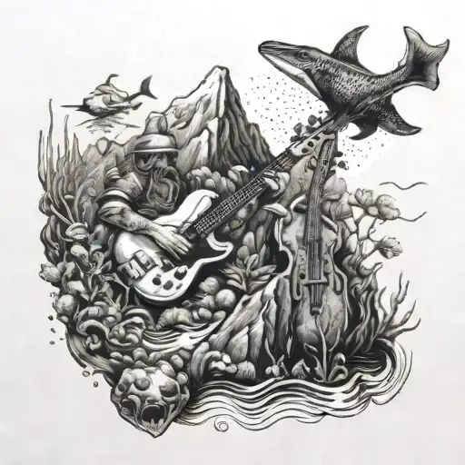 An Underwater Scene With Sea Creatures Playing Musical Instruments On A Mountain Peak