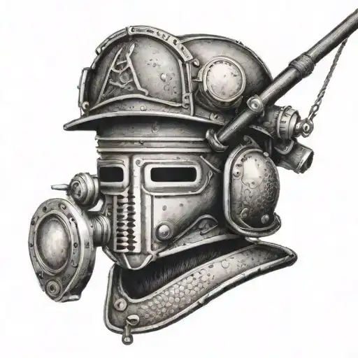 A Dotwork Tattoo Of A Combat Helmet With A Fishing Rod And Reel As The Visor