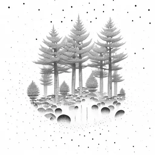 A Dotwork Design Of A Serene Forest Scene With Hidden Musical Notes Incorporated Into The Foliage