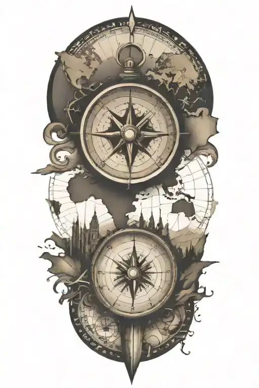 Compass And Map Featuring European Landmarks