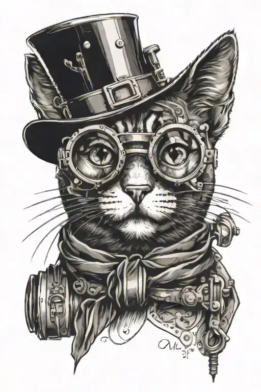 Steampunk Cat With Goggles Tattoo Black Work Line Work Simple Lines With Small Amount Of Shading