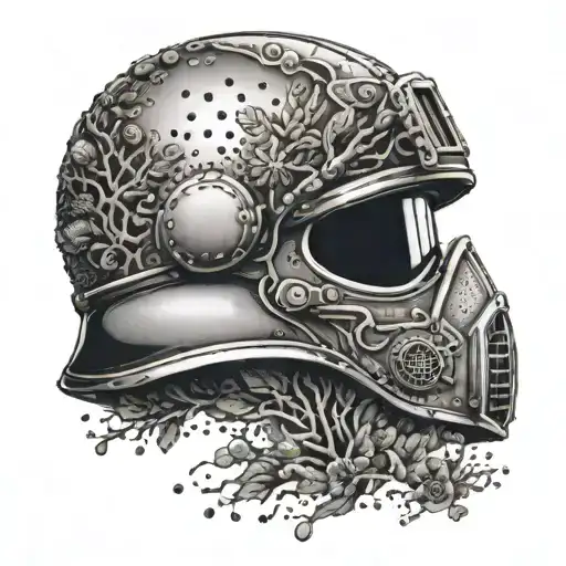 A Dotwork Tattoo Of A Military Helmet Adorned With Intricate Nature Patterns And Water Droplets
