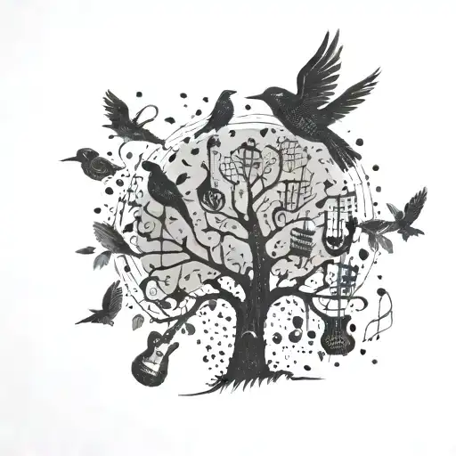 A Tree Made Of Musical Instruments With Birds Flying Out As Musical Notes