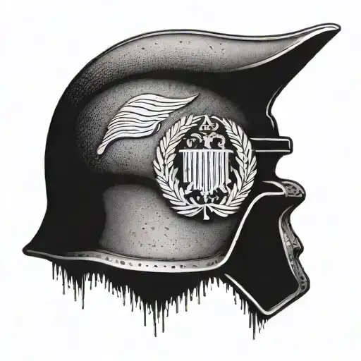 A Detailed Tattoo Of A Military Helmet With The Albanian Flag Draped Over It