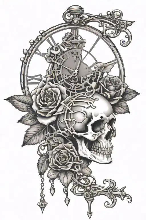 Female Silhouette Skull Clock Bleeding Heart Rose Barbwire