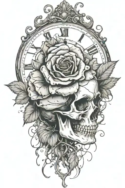Female Silhouette Skull Clock Bleeding Heart Rose Barbwire