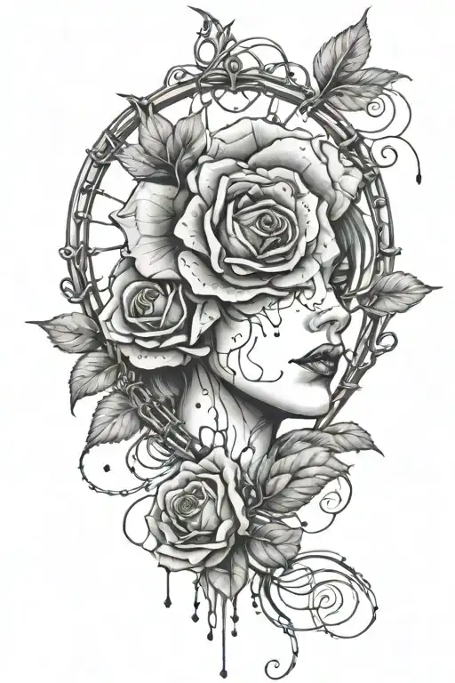 Female Silhouette Bleeding Heart Rose Barbwire