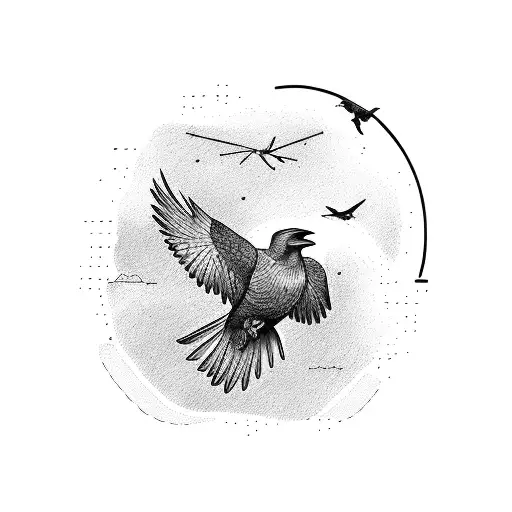 A Hiker With A Backpack And A Crow Flying Above In A Dotwork Style