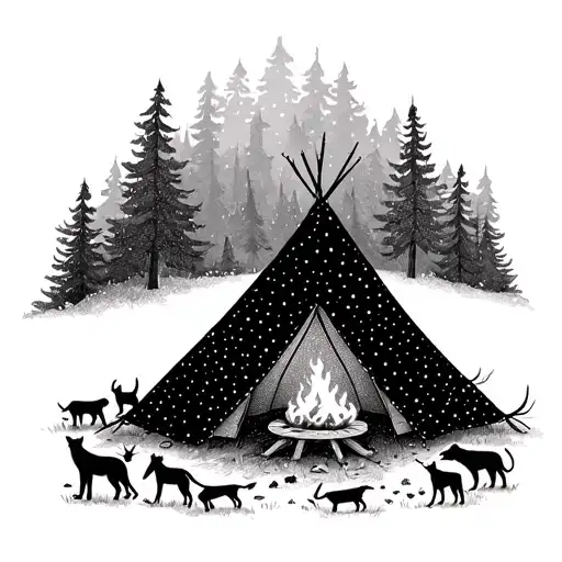 A Detailed Tent And Campfire Scene With Various Animal Silhouettes Roaming Around In A Dotwork Style