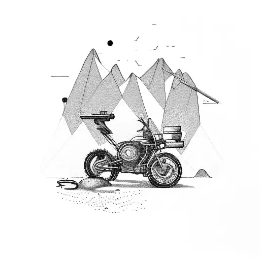 A Tattoo Of A Rural Technician Fixing A Broken Bike In The Mountains