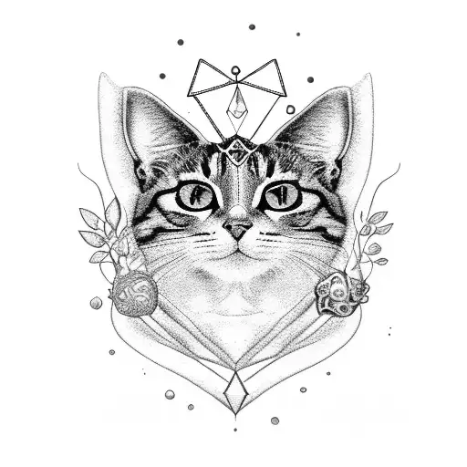 A Mystical Cat Familiar Surrounded By Floating Crystals And Enchanting Plants