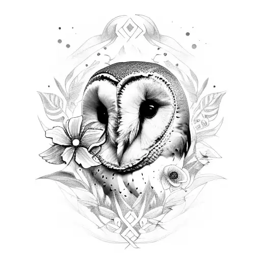 Realistic Barn Owl With Wild Flower