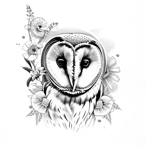Realistic Barn Owl With Wild Flowers