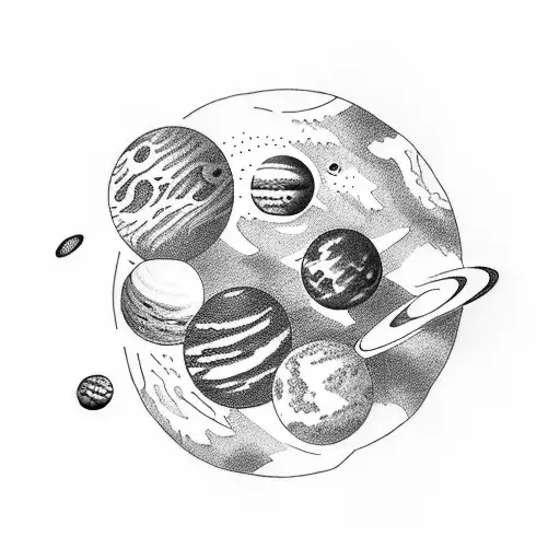 A Dotwork Tattoo Of A Family Of Planets Orbiting A Coffee Cup