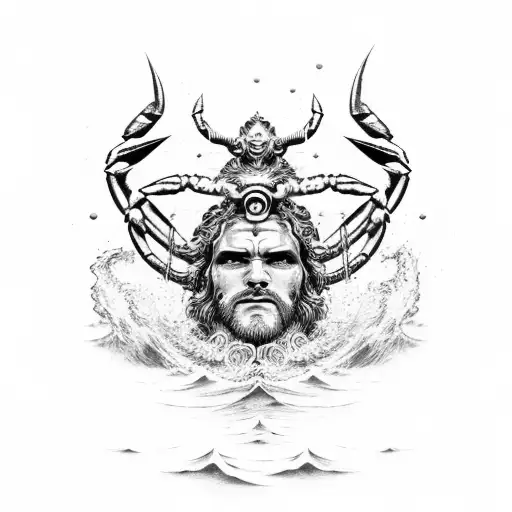 Poseidon On Top Of A Wave With A Crab Symbol