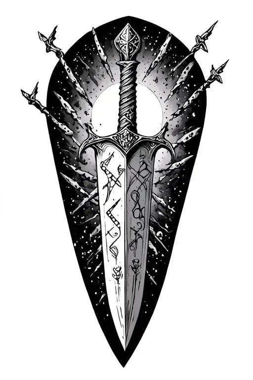 Comic Dagger With Runes In The Background For The Whole Calf