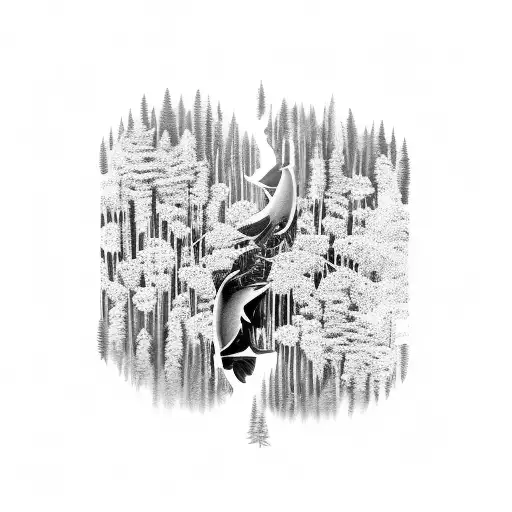 A Surreal Combination Of A Forest Merging Into An Underwater World With Orcas Swimming Through