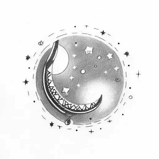 A Black Crescent Moon With Stars And Musical Notes