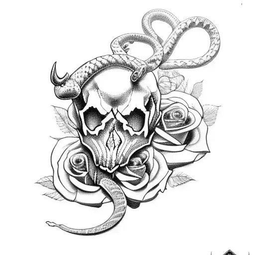 Bull Skull With Snake And Roses
