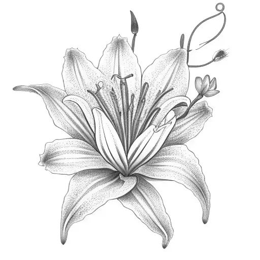 A Detailed Sketch Of A Lily Flower Growing Amidst A Garden Of Orixa Herbs