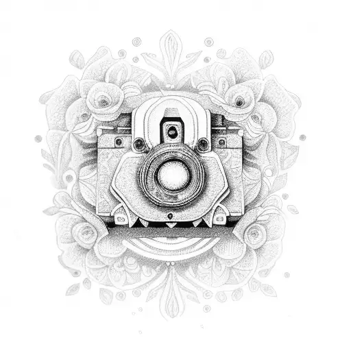 A Dotwork Tattoo Of A Camera Surrounded By Intricate Floral Patterns