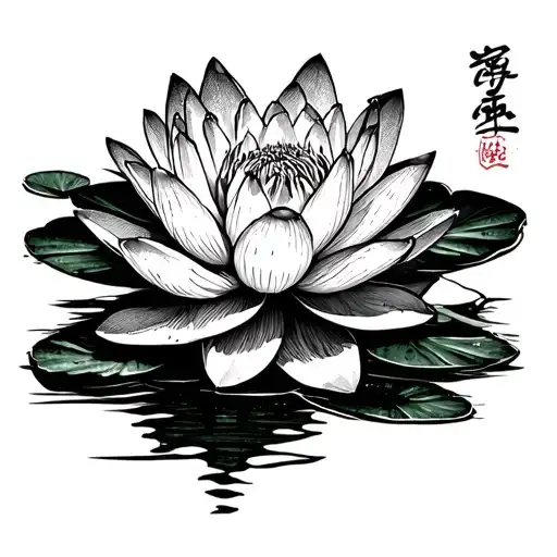 Water Lily Flower With Lily Pad And Kanji For Lotus