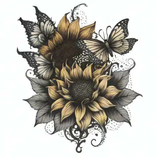 Sunflower And Dragons With Normal Flowers And Butterflies
