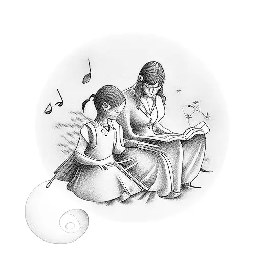 A Silhouette Of A Mother Reading A Book To Her Children With Musical Instruments In The Background
