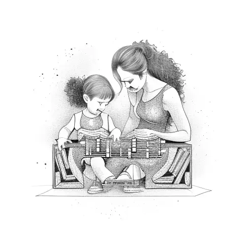 A Mother And Child Sitting On A Bookshelf Surrounded By Musical Instruments
