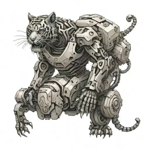 A Detailed Tattoo Of A Humanoid Robot Riding A Robot Tiger