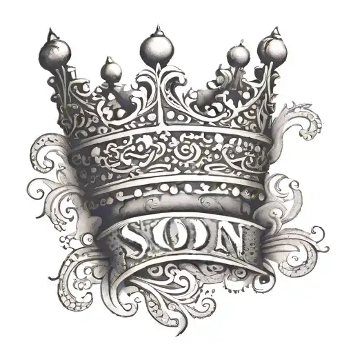 An Intricate Tattoo Our My Son Name With A Crown Hanging