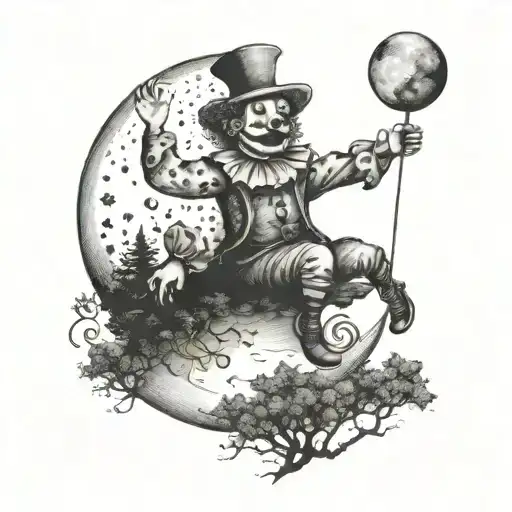 A Whimsical Clown Balancing On A Crescent Moon In A Forest Of Trees