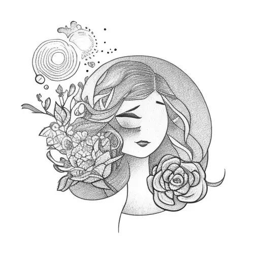 Dancing Girl With Flowers In Hair Facing The Sunset In Distance