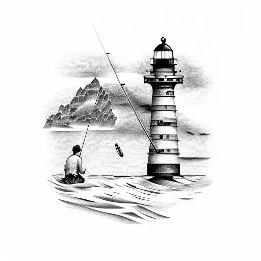 Man And Woman Fishing Near Lighthouse