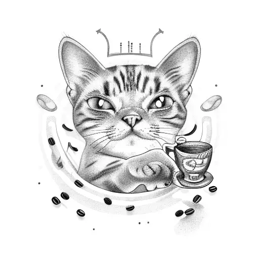 A Tattoo Of A Cat Crafting A Musical Instrument With Coffee Beans And Plants In The Background