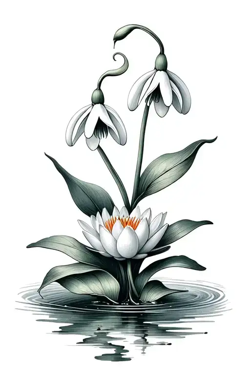 Snowdrop And Water Lily Intertwined Symbolizing The Client's Children With Ornamental Elements