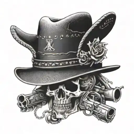 An Intricate Dotwork Design Of A Cowboy Hat With Crossed Pistols And Skulls